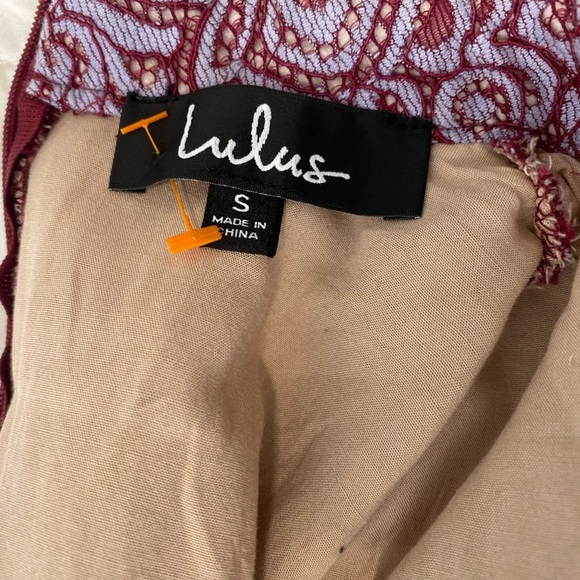 Lulus Belrose Sleeveless Mock Neck Burgundy Lavender Lace Mini Drop Waist Dress - Picture 11 of 12